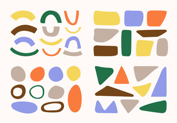 Set of colorful minimalist abstract shapes. Collection of simple naive hand drawn geometric forms. Decorative flat vector illustrations for web, social networks, print and branding.