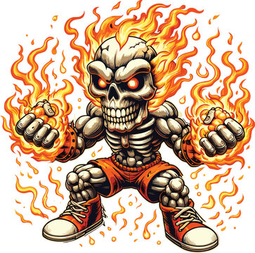 Angry skull boxing full of fire drawing in chibi style