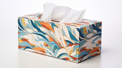 a vibrant tissue box in isolation against a spotless white background, ensuring clarity in high definition.
