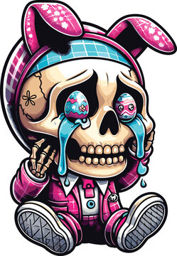 Skull crying easter theme drawing in chibi style