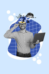 Vertical collage picture of black white colors smart teacher man using laptop and brainstorming...