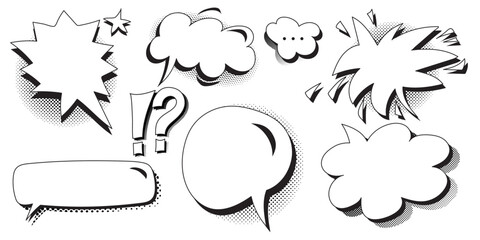 Set of speech bubbles. Halftone shadows. Vector illustration
