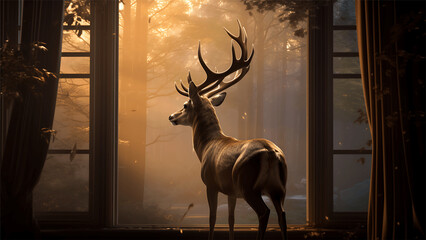 Silhouette of deer with big antlers standing in the window