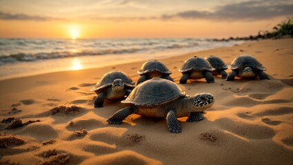 As the sun sets, a group of freshly hatched juvenile turtles make their way towards the ocean.
