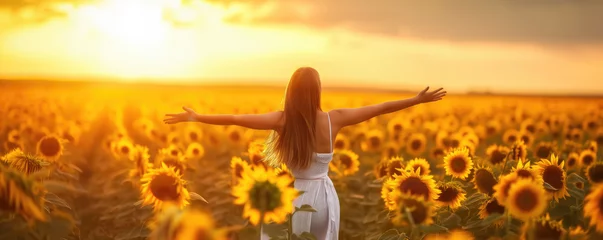 Wandaufkleber Young woman in field of sunflowers at sunset © thejokercze