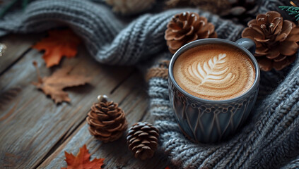 Fototapeta premium Background with coffee on a wooden table and a coat