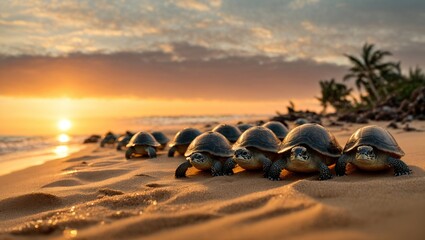 As the sun sets on the horizon, a group of baby turtles, freshly hatched, begin their journey going towards the ocean