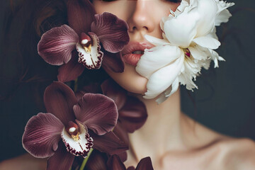 Close up of a woman's portrait with orchid flower 