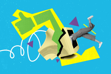Creative drawing collage picture of thumb up gesture computer screen monitor woman legs diving...