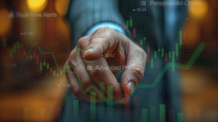 Doigt d'un homme d'affaires pointant vers un graphique de bourse affiché sur une interface...
