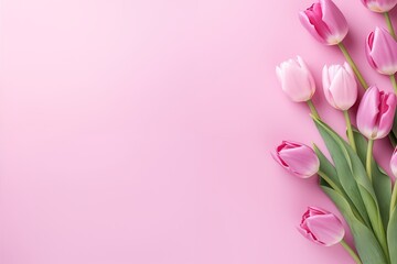 tulips frame, a pink bouquet of tulips on a pink background—flat lay, with copy space.