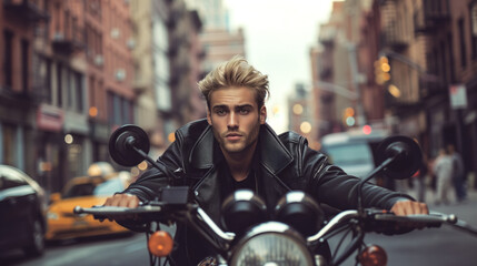 Portrait of a handsome blond man in a leather jacket on a motorcycle against the backdrop of New York streets.