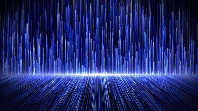 Bright blue futuristic background of blue particle lines rising up and flowing down. Sapphire blue rising particles with mirror reflection. Luxury elegant particular lines. Awards, celebration, event.