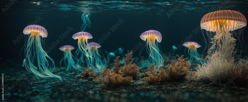 Wall mural an overhead view of a light purple jellyfish shimmering in the water that is dark and mysterious underneath