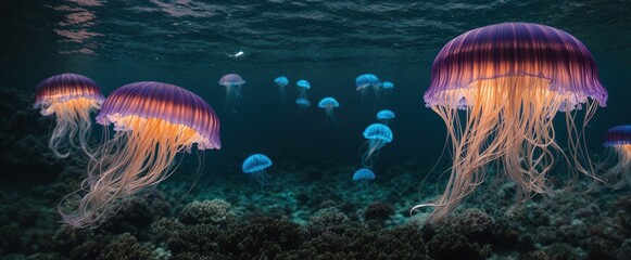 Fototapeta na wymiar purple and blue glowing jellyfish illuminating a dark and mysterious underwater panaromic view 