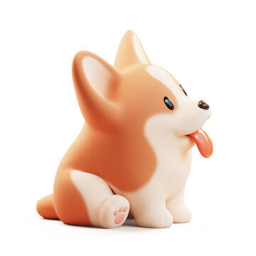 Cute funny kawaii fluffy cartoon orange corgi puppy with dot eyes, smiling face and red tongue sticking out of mouth in sitting playful pose. Lovely pet minimal style. 3d render isolated transparent.