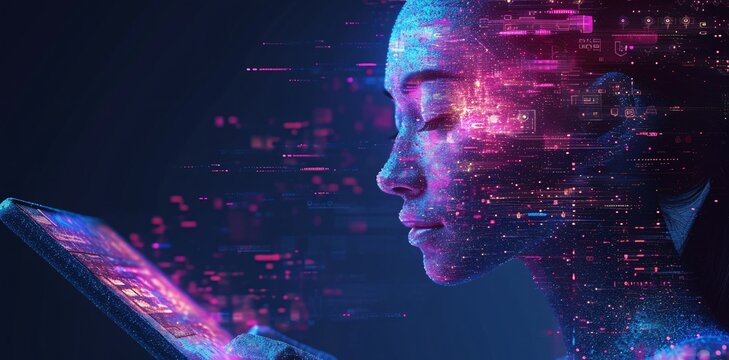 An AI chatbot communicates with a tablet user in a cyberpunk setting, featuring shades of purple and blue.