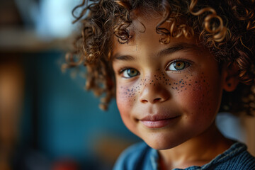 Portrait of a little boy with freckles on his face. Happy boy with freckles on face. Closeup portrait of redhaired little kid with freckles on dark background - obrazy, fototapety, plakaty