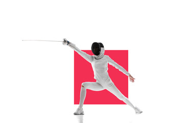 Female fencer in motion, training over white background with red element. Concentrated young woman....