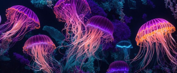 a bioluminescent purple jellyfish  glowing a dark and mysterious underwater panaromic view