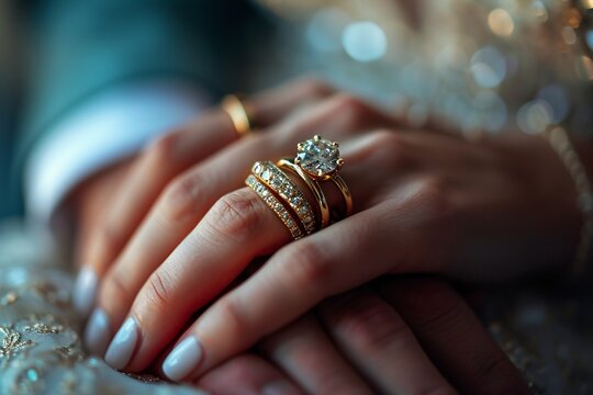 Detailed image of a man clasping a woman's hand adorned with an extravagant diamond wedding band, captured before the marriage proposal.