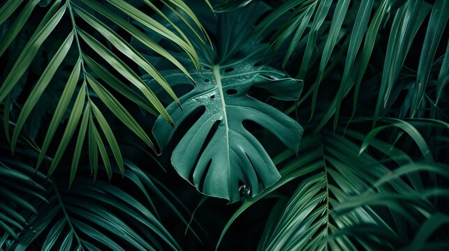 A detailed view of lush foliage and palm trees in a tropical setting.