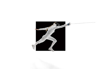The dynamic motion of an athlete captured in a high-speed photograph. Female fencer in motion,...