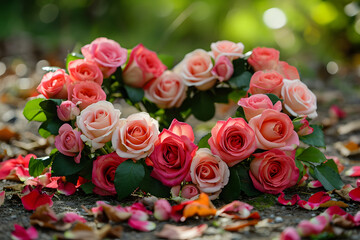 heart of roses on the ground, red and pink flowers in heart shape, romantic valentines day gift, love couple