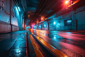The rainy street has a neon color palette, featuring dark cyan and red, evoking a cyberpunk dystopia.