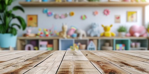 Wooden table on blurred background of playroom with children's toys. Showcasing products.