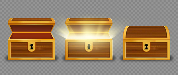 Open wooden old chest with glowing inside. Template isolated on a transparent background. Stock vector mockups.