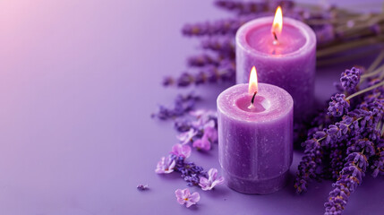 Homemade aroma lavender scented candles, burning candles backdrop 