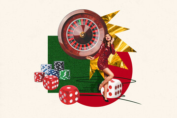 Collage creative image illustration cheerful excited charm young lady pose casino gambling fortune fashion dice game colorful template