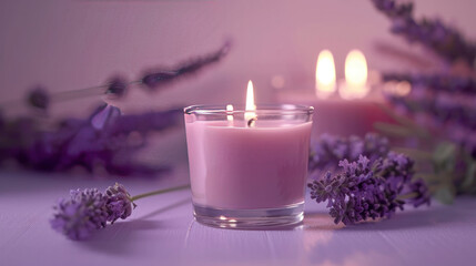 Homemade aroma lavender scented candles, burning candles backdrop 