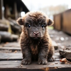 Photo of a baby bison with its fluffy, chocolate-brown fur. Generative AI