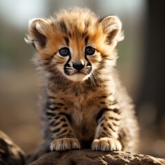 Photo of a baby cheetah cub with distinctive spots. Generative AI