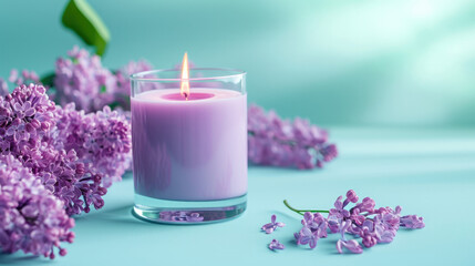 Obraz na płótnie Canvas Lilac scented aroma burning candles with lilac flowers on a blue background 