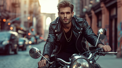 Fototapeta na wymiar Portrait of a handsome brunette man in a leather jacket on a motorcycle against the backdrop of New York streets.
