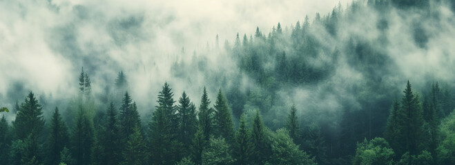 Misty landscape of a spruce forest