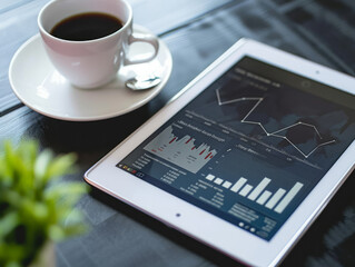 Tablet pc with financial charts on the screen and a cup of coffee