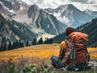 Hiker with backpack sitting on top of a mountain and enjoying valley view - obrazy, fototapety, plakaty