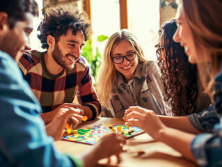 Group of friends playing board game at home. People playing board game at home.