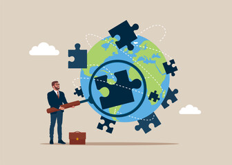 Businessman holds a magnifying glass for global puzzle Exchang. Business deal. Flat vector illustration.