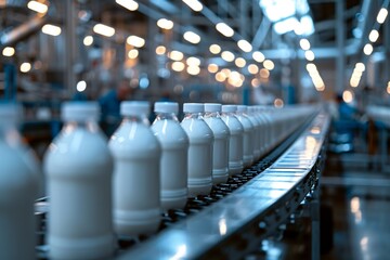 Automated dairy plant specializing in the packaging of milk with targeted attention. - obrazy, fototapety, plakaty
