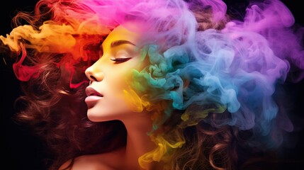 Obraz na płótnie Canvas Illustration a woman with colorful Rainbow Smoke around there. AI generated image