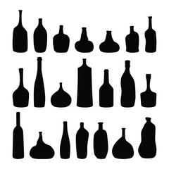 Abstract bottles and vases vector silhouette collection. Set of curved decorative bottles, vases, and pitchers. Vector icons illustration isolated on a white background.