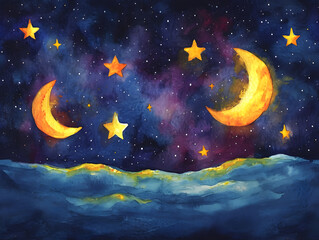 Obraz na płótnie Canvas Night sky with stars and moon. Hand drawn illustration, water colour style