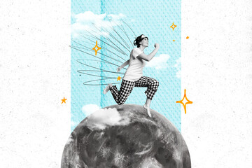 Collage sketch image of cheerful happy girl running full moon comfort night sleep concept