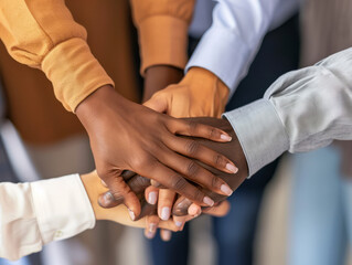 business, people and teamwork concept - close up of african american business team holding hands over office background