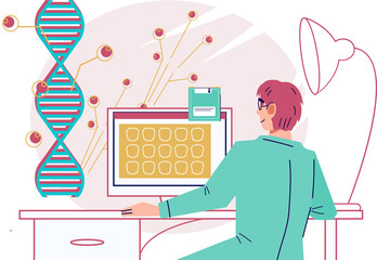 Genetic DNA laboratory research, biotechnology and bioengineering concept. Scientist study human gene, genome for medicine, and pharmacy.